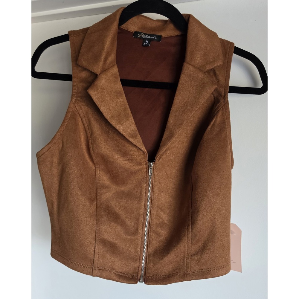 NWT Blashe Vest Women M Brown Faux Suede Collared Sleeveless Crop Top